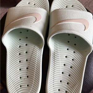 Nike Mint Green and White Slippers with Textured Footbed
